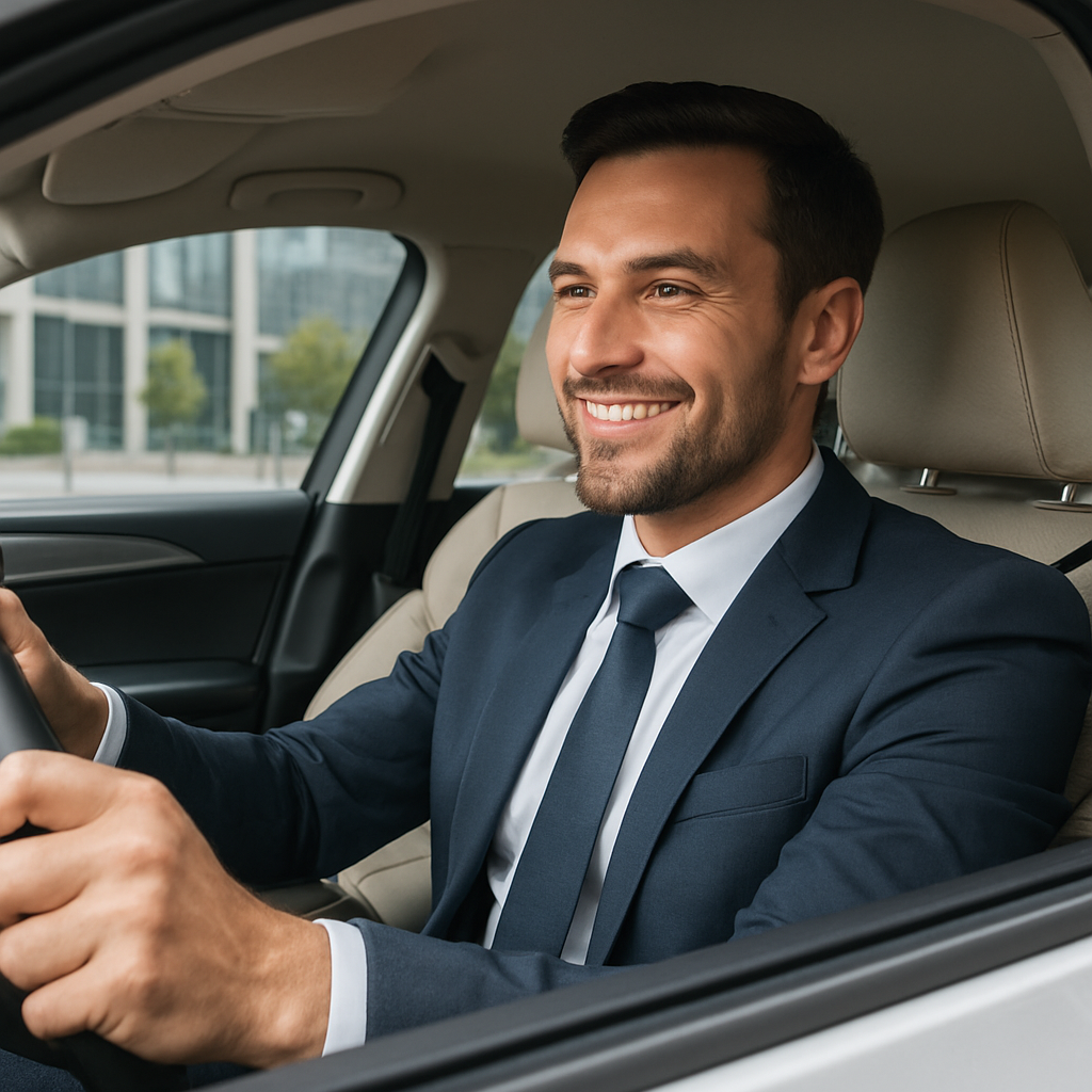 Image d'un chauffeur souriant, représentant l'assurance VTC/Taxi.